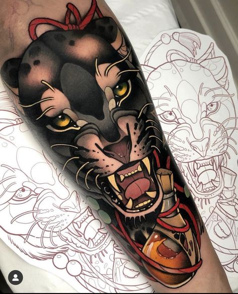 Black Panther Tattoo, Funky Tattoos, Panther Tattoo, Big Legs, Tatuaje A Color, Knee Tattoo, Sitges, Leg Sleeves, Neo Traditional