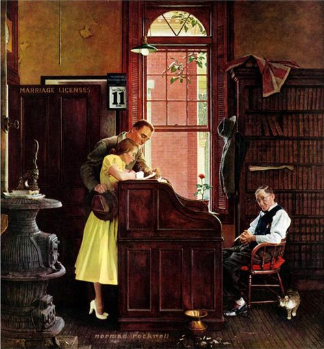 I always loved how her yellow dress popped.  Norman Rockwell "Marriage License" June 11 1955 Norman Rockwell Poster, Norman Rockwell Prints, Norman Rockwell Art, Saturday Evening Post Covers, Rockwell Paintings, Norman Rockwell Paintings, Marriage License, Marmont Hill, Norman Rockwell