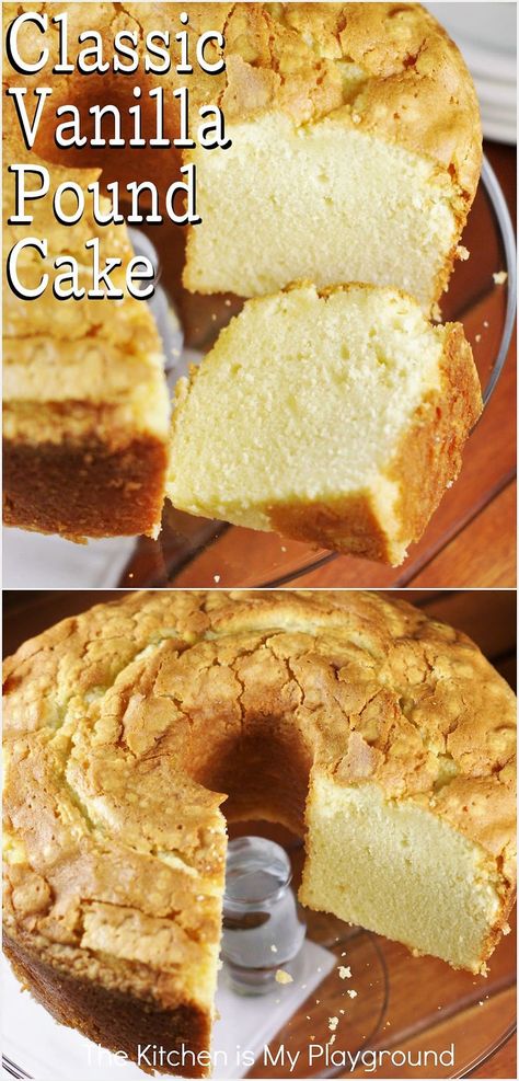 Classic Vanilla Pound Cake whole cake and slice Vanilla Pound Cake Recipe, Classic Pound Cake, Old Fashioned Pound Cake, Southern Pound Cake, Vanilla Pound Cake, Pound Cake Recipes Easy, Southern Desserts, Cream Cheese Pound Cake, Baileys Irish Cream