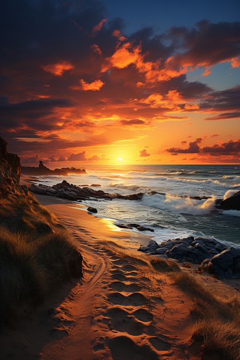 Prompt: magnificent sunset on sandy coast, golden hour, realistic details --ar 20:30 --s 750 —v 5.2 #ai #midjourneyart #sunset #coast #goldenhour Nature Golden Hour, Sunset Realistic Photo, Golden Hour Painting, Photos Template, Golden Landscape, Picture Wall Living Room, Aesthetic Scenery, Landscape Aesthetic, Gold Cost