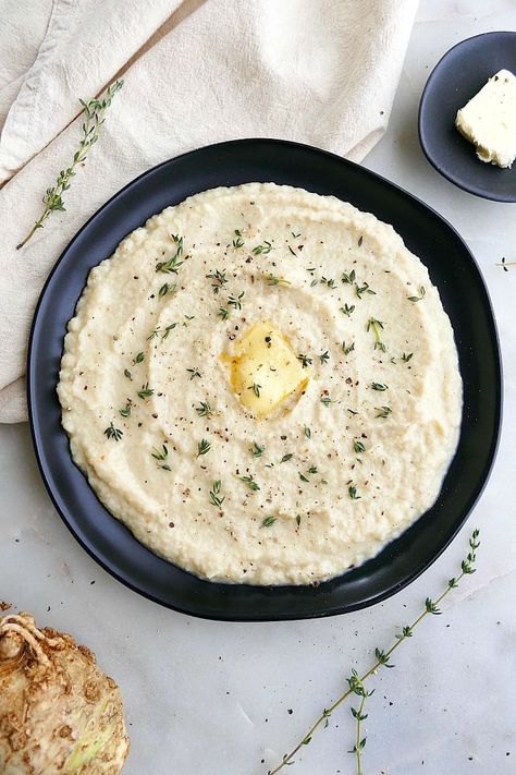 Creamy Celeriac Mash Recipe Root Mash Recipe, Celeriac And Apple Soup, Celeriac Mash, Celeriac Recipes, Vegetarian French Onion Soup, Mashed Cauliflower Recipe, Creamy Mashed Cauliflower, Mash Recipe, Vegetarian Sides