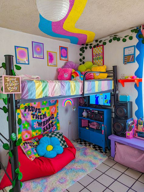 Rainbow Bedroom Aesthetic, Bedroom Ideas Colourful, Kidcore Room Ideas, Kidcore Decor, Colorful Room Aesthetic, Kidcore Bedroom, Rainbow Apartment, Alice In Wonderland Door, Fun Room Decor