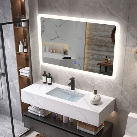 Product details This LED bathroom mirror features 3-tone colors, including 3000k warm, 4500k natural, and 6500k white. And you can easily change the intensities of the light from 10% to 100% by long-pressing the power switch (touch control) to dimmer. Wall Mounted Makeup Vanity, Mirror With Light Bulbs, Marble Bathroom Vanity, Makeup Vanity Mirror With Lights, Corner Mirror, Bathroom Table, Led Bathroom Mirror, Led Wand, White Lighting