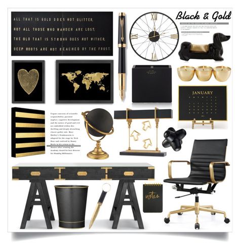 "Black & Gold Office Decor" by hmb213 ❤ liked on Polyvore featuring interior, interiors, interior design, home, home decor, interior decorating, Americanflat, Cooper Classics, Sugarboo Designs and Parker Black And Gold Office Decor Desk Accessories, Black And Gold Office Interior Design, Black Furniture Office Ideas, Black And Gold Office Decor Ideas, Office Decor Black And Gold, Black Gold And White Office, Black White Gold Office Ideas, Black And Gold Office Ideas Work Spaces, Black And Gold Cubicle Decor