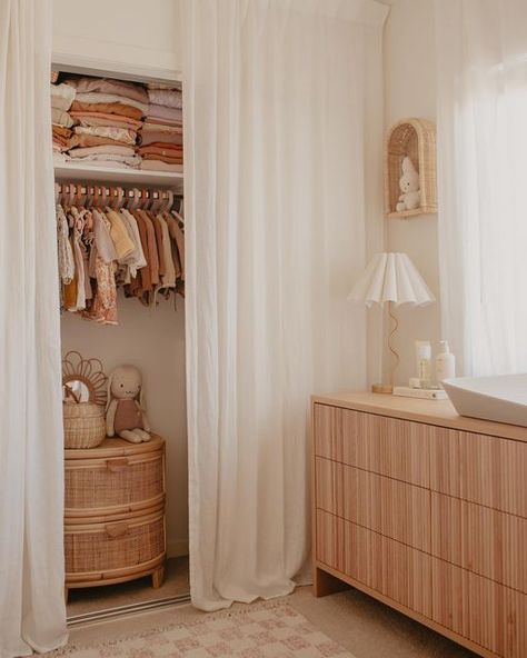 Curtains In Closet Doors, Curtain Wardrobe Doors Bedrooms, Curtain Over Wardrobe, Wardrobe Curtains Ideas, Linen Curtain Wardrobe, Curtain Hide Storage, Curtains For Wardrobe Doors, Wardrobe With Curtain Doors, Open Wardrobe Curtain Ideas