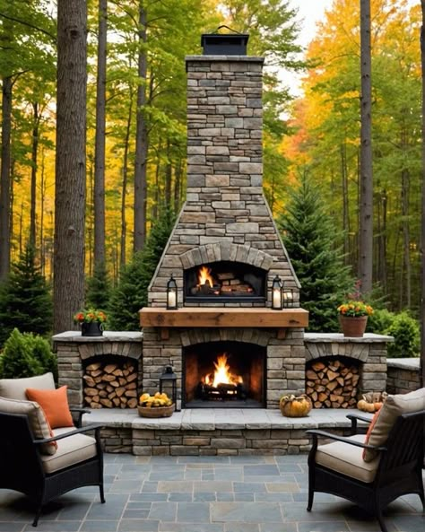 20 Outdoor Fireplace Idea For Your Backyard – ToolzView Outdoor Fireplace By Pool, Outdoor Fireplace And Pergola, Outdoor Wood Burning Fireplace Patio, Outside Chimney Ideas Fireplaces, Log Home Fireplace Ideas, Linear Outdoor Fireplace, Backyard Fireplace Ideas Lounge Areas, Patios With Fireplaces, Fireplace Outdoor Ideas