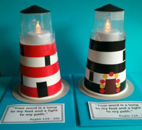 Lighthouse - Messy Church, Light theme  - paper cup, small clear plastic container, led tealight The Lighthouse Keepers Lunch Activities Eyfs, Breaker Rock Beach Craft Ideas, Diy Lighthouse Crafts, Vbs 2024 Breaker Rock Beach, Vbs Decorating Ideas, Lighthouse Keepers Lunch, Vbs Ocean Theme, Breaker Rock Beach, Diy Lighthouse