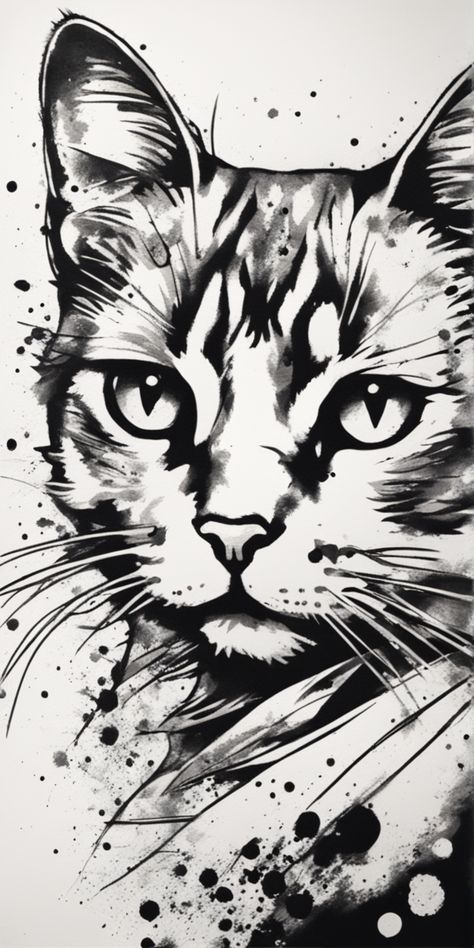 This image depicts a trash polka style tattoo illustration. A cat silhouette takes center stage on a blank canvas, an abstract mix of splattered chaos and graphic precision. The design is rendered in a striking black and white monochrome palette. Abstract Cat Tattoo, Stripe Tattoo, Silhouette Chat, Cats Art Drawing, Monochrome Palette, Diy Cats, Trash Polka, Style Tattoo, Tattoo Illustration