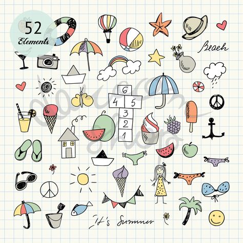 Bujo Background, Cute Summer Doodles, Summer Journaling, Clip Art Kids, Vacation Clipart, Summer Doodles, Summer Clip Art, Holiday Clip Art, Calendar Doodles