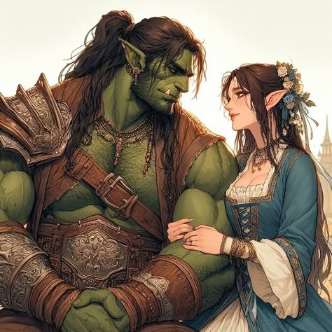 Elf And Orc Couple, Orc Character Design, Elf Kingdom, Fantasy Romance Art, Green People, Couple Inspo, Fantasy Couples, Cute Romance, Romance Art