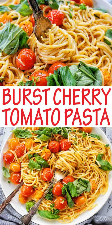 Burst Cherry Tomato Pasta is a quick and easy weeknight pasta recipe. With garlic and roasted cherry tomatoes this spaghetti gets dinner on the table quickly! #pastarecipes @sweetcaramelsunday Tomato And Olive Oil Pasta, Pesto Pasta With Cherry Tomatoes, Cherry Tomatoes Recipes Pasta, Burst Cherry Tomato Pasta, Easy Weeknight Pasta, Roasted Tomato Pasta, Weeknight Pasta, Tomato Pasta Recipe, Cherry Tomato Recipes