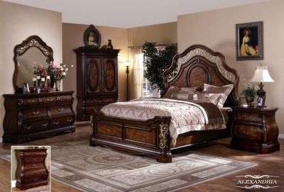 Truly unique Alexandria queen or king bedroom collection comes in luxurious traditional style with an elegant flair and the exclusive set design. Alexandria is constructed of mahogany finished solid wood with hand carved designs and features genuine marble tops on the dresser and nightstands further accented headboard, footboard and curved style. Huge Bedroom Luxury, Shiplap Feature Wall, White Bedroom Set Furniture, Cherry Bedroom Furniture, Traditional Bedroom Furniture, King Size Bedroom, Cherry Bedroom, Traditional Bedrooms, Solid Wood Bedroom Furniture