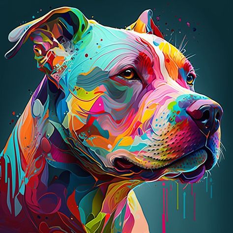 Abstract Pitbull Art, Colorful Dog Portraits, Pitbull Blue, Staffy Dog, Dog Cat Pictures, Stick Drawings, Dog Words, Pitbull Art, Watercolor Paintings Of Animals