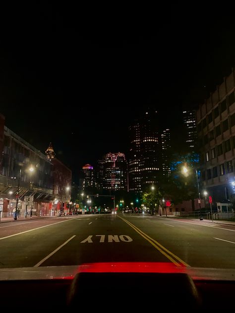 View from the back window of a car of skyscrapers in Boston at night time. Skyscrapers lit up. Boston Night, Boston Aesthetic, Boston City, Night Skyline, Night Drive, City Night, Night Driving, Boston Massachusetts, Night City