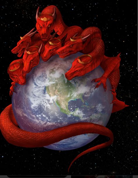 The great dragon was hurled down—that ancient serpent called the devil, or Satan, who leads the whole world astray. He was hurled to the earth, and his angels with him. Then I heard a loud voice in heaven say: “Now have come the salvation and the power and the kingdom of our God, and the authority of his Messiah. For the accuser of our brothers and sisters, who accuses them before our God day and night, has been hurled down. They triumphed over him by the blood of the Lamb and by the word of the Ancient Serpent, Blood Of The Lamb, Revelation 12, Whatever Is True, Cool Optical Illusions, Bible Illustrations, Bible Images, Christian Artwork, Vedic Art