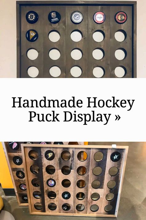 Hockey Puck Display Shelf Diy, Hockey Puck Shelf, Hockey Display Ideas, Hockey Diy Projects, Hockey Playroom, Hockey Basement, Basement Mancave, Hockey Stick Furniture, Hockey Stick Crafts