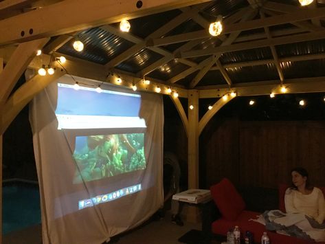 We turned our new gazebo into an outdoor movie theatre - Yardistry Structures - Gazebos, Pavilions and Pergolas Outdoor Tv Setup, Thanksgiving Movie, Diy Projector, Outdoor Movie Theater, Gazebo Ideas, Backyard Buildings, Outdoor Patios, Backyard Movie, Backyard Gazebo