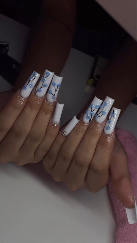 White Themed Acrylic Nails, Blue Cute Nails Acrylic, Graduation Nails Blue And White, White And Baby Blue Nails Acrylic, Light Blue And White Nails Design, Mid Length Nail Designs, All White Nails With Design, White Nails With Blue Design, Long Nails Blue