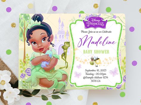 Baby Shower Princess And The Frog, Baby Princess Tiana Birthday Party, Princess And The Frog Invitation Template, Princess Tiana Birthday Invitations, Princess And Frog Invitation, Baby Shower Princess Theme, Princess Theme, Baby Shower Princess, Invitation Digital