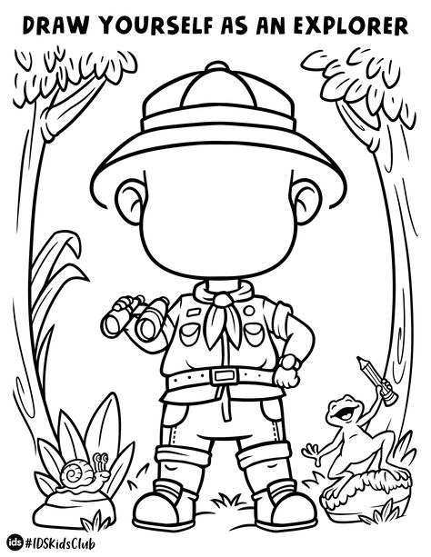 Draw yourself as an epic adventurer exploring the jungle! Great activity for kids. Find more activity sheets and coloring pages on our website. Preschool Habitat Crafts, Brazil Activities For Kids, Jungle Arts And Crafts, Jungle Theme Classroom Decorations, Safari Theme Classroom, Rainforest Crafts, Preschool Jungle, Jungle Activities, Safari Crafts