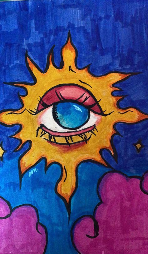 Clouds With Eyes Drawing, Simple Drawings With Acrylic Paint, Trippy Cloud Painting, Eyes Drawing Abstract, Sun Eye Drawing, Purple Marker Drawing, Sun With Eyes Drawing, Simple Surrealism Art, Trippy Marker Drawings