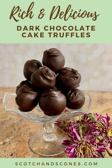 Dark Chocolate Cake Truffles are rich, bite-sized bits of chocolate cake mixed with chocolate buttercream frosting and drenched in pure chocolate. These truffles are perfect for Valentine's Day, Date Night, or any special celebration, and can be made into Chocolate Cake Pops, too! #scotchandsconesblog #chocolatecaketruffles #darkchocolatetruffles #caketruffles #chocolatecakepops #darkchocolatecakepops #temperedchocolate Chocolate Cake Truffles, How To Temper Chocolate, Chocolate Truffle Cake, Chocolate Cake Pops, Dark Chocolate Cake, Dark Chocolate Truffles, Homemade Chocolate Cake, Chocolate Buttercream Frosting, Dark Chocolate Cakes