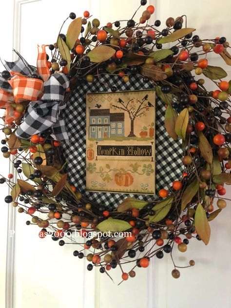 Priscilla Blain, Fall On The Farm, Xmas Embroidery, Little House Needleworks, Book Page Wreath, Joy Wreath, Stitch Halloween, Country Decorating, Pretty Wreath