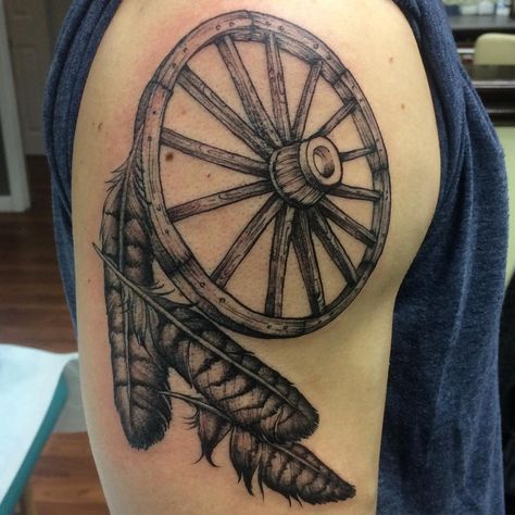 #feathers #blackandgrey #tattoo #idea #mass #beautiful #bridgewater Wagon Wheel Tattoo Ideas, Wagon Wheel Tattoo, Sun Wheel, Narcissus Flowers, Hawk Feathers, Wheel Tattoo, Narcissus Flower, Artist Work, Arm Design