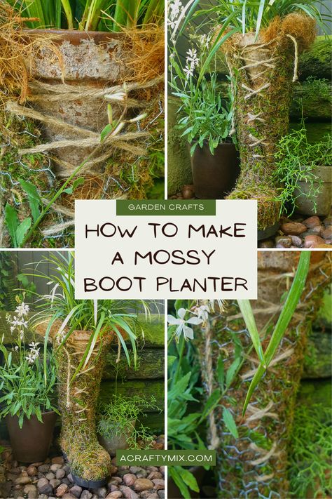 Moss Growing Diy, Moss Boots Diy, Moss Boots, How To Make Moss Grow, How To Grow Moss On Rocks, How To Grow Moss On Anything, Boot Planter, Colorful Flower Beds, Boots Diy