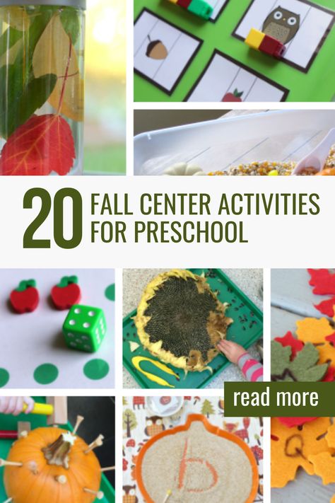 Get inspired with fall themed learning activities to use in learning centers. Rhyming Activities Preschool, Preschool Activities Fall, Fall Theme Preschool, Preschool Fall Theme, Halloween Learning Activities, October Lesson Plans, Autumn Preschool Theme, Circle Time Ideas, September Preschool