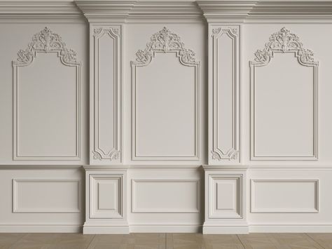 Premium Photo | Classic interior wall with mouldings Classic Moulding Wall, Vintage Wall Molding, New Classic Wall Design, Classic Wall Design Interiors, Classic Ceiling Design Luxury, Molding Wall Design, Vintage Wall Design, Vintage Moulding, Moulding On Walls