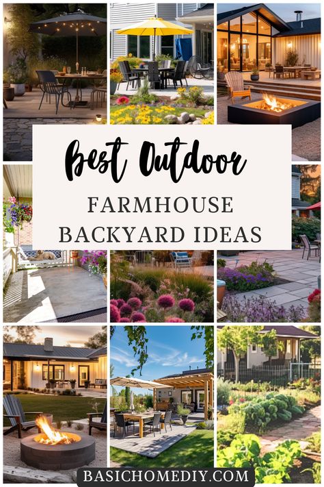 Cozy Landscaping Ideas, Farmhouse Backyard Ideas With Pool, Large Open Backyard Ideas, Farm Style Backyard Ideas, Outdoor Patio Ideas Farmhouse, Modern Farmhouse Backyard Ideas, Large Backyard Design Ideas, Big Yard Design, Outside Farmhouse Ideas