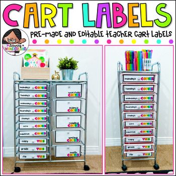 You are purchasing a bright rainbow colored set of labels that can be used to create your own teacher cart! Please note that this resource was originally created with clip art. I have received requests over the years to offer it without clip art for teachers to use in upper elementary classrooms.There are fifteen labels included in this file (10 small and 5 large). You can mix and match them to create the perfect set for your teacher cart. All labels are included in a pre-made (PDF) and editable format (PowerPoint). These labels can be combined in a variety of ways on different carts. Please check out the preview for a detailed look prior to purchasing.Important:I used paid fonts from Amy Groesbeck to create the ready to print version. I suggest purchasing them if you'd like to edit some o Teacher Rolling Cart, Amy Groesbeck, Teacher Cart, Art For Teachers, Teaching Classroom Decor, Teaching Organization, Classroom Labels, Rolling Cart, College Experience