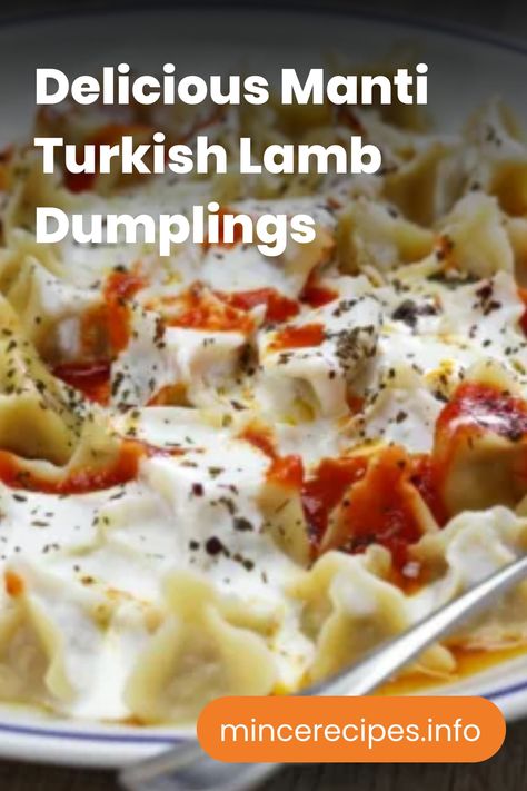 Delicious Manti Turkish lamb dumplings topped with yogurt and tomato sauce. Turkish Manti Recipes, Manti Turkish, Lamb Dumplings, Manti Recipe, Lamb Mince Recipes, Turkish Lamb, Ground Lamb Recipes, Dinner Gathering, Ground Meat Recipes