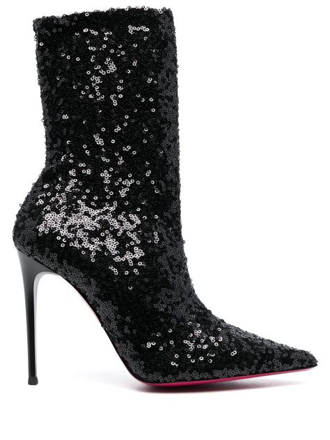 sequin-embellished 105mm ankle boots from PINKO featuring sequin embellishment, jet black, calf leather, ankle length, pointed toe, branded insole and 105mm high heel. Sequin High Heels, Black Glitter Boots, Black Sequin Heels, Sequin Heels, Sequin Boots, Leather Biker Boots, Sequin Embellishment, Boots Patterns, Super High Heels