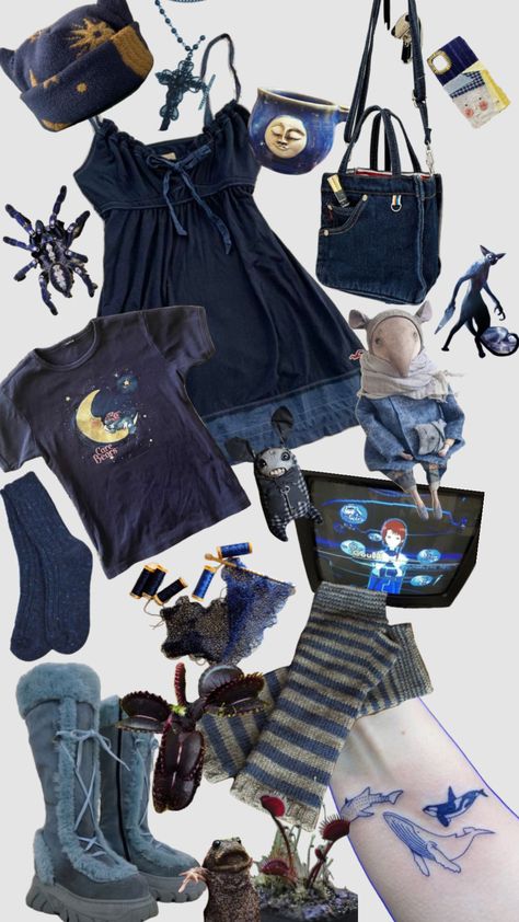 Celestial Fashion Aesthetic, Blue Goth Aesthetic Outfits, Moon Core Outfits, Cosmic Witch Outfit, Blue Whimsigoth Outfit, Blue Witch Outfit, Blue Goth Outfits, Witch Fashion Aesthetic, Spacecore Outfits