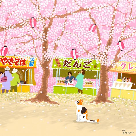 TABINEKO-Sakura Festival on Behance March Illustration, Sakura Illustration, Sakura Festival, Spring In Japan, Japan Spring, 달력 디자인, Japanese Festival, Acrylic Markers, The Black Cat