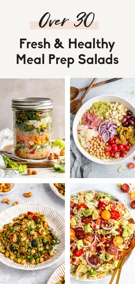 The best meal prep salads that make the perfect weekday lunches! These healthy meal prep salad recipes pack plenty of veggies and protein, and are tossed with incredible, homemade dressings. Learn how to store them in mason jars or meal prep containers and enjoy all week long. Healthy Salad Lunch Ideas For Work, Lunch Idea Meal Prep, Healthy Salad Recipes For Lunch Easy, Salad Jars Ideas, Clean Easy Meal Prep, Easy Take To Work Lunches Meal Prep, Salads Lunch Work, Lunch Salad Prep, Meal Prep Salads For The Week Healthy