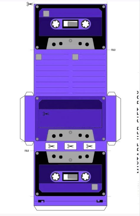 The picture contains the base or design for an cassette origami. It contains dark purple, purple and black as it’s Color’s Cassette Template, Paper Cassette, Cube Template, 80s Party Decorations, Barbie Printables, Grunge Paper, 80s Theme Party, Paper Toys Template, Instruções Origami