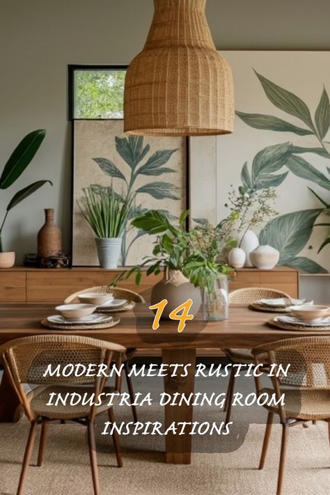 I love how this dining room perfectly captures the balance between modern and rustic styles. The warm wood tones, textured wicker chairs, and lush greenery create a welcoming atmosphere that's ideal for both casual dinners and special occasions. The large art pieces add a touch of personality, making it a beautiful space to gather with friends and family. Modern Rustic Dining Room, Large Art Pieces, Industrial Dining Room, Industrial Design Style, Dining Room Industrial, Dining Room Design Ideas, Warm Wood Tones, Industrial Dining, Rustic Dining Room