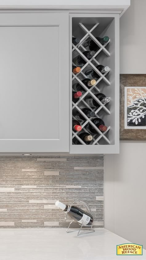 Wine Rack Wall Kitchen Cabinets, Wine Rack Top Of Cabinet, Wine Rack Kitchen Counter, Counter Top Wine Rack, Wine Shelf In Kitchen, Wine Rack Wall Kitchen, Kitchen With Built In Wine Rack, Shaker Kitchen Wine Rack, Cabinet To Wine Rack