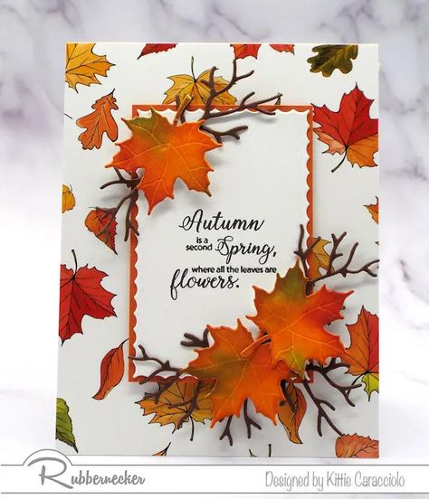 An example of quick and easy handmade Fall cards created with patterned paper as the background and die cut detailed maple leaves as the focal elements. Handmade Fall Cards, Fall Cards Handmade, Rubber Stamping Techniques, Autumn Cards, Birthday Inspiration, Easy Handmade, Leaf Cards, Die Cut Cards, Thanksgiving Cards