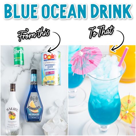 Blue Ocean Drink Recipe, Mixed Drinks With Blue Curacao, Rum Blue Curacao Drinks, Blue Ocean Cocktail, Blue Rum Drinks, Easy Blue Alcoholic Drinks, Blue Coconut Cocktail, Blue Malibu Drink, Blue Rum Punch