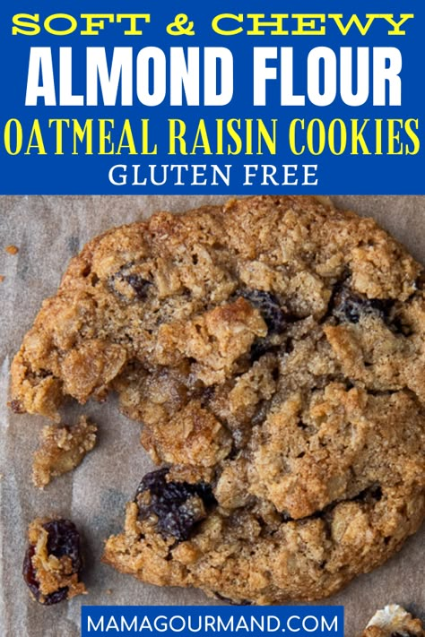 Almond Flour Oatmeal Raisin Cookies recipe are a gluten free way to get that homemade cookie fix! These easy cookies taste just like old fashioned oatmeal cookies baked with raisins or chocolate chips. #almondflourcookies #oatmeal #chocolatechip #raisin #chewy #glutenfree Almond Flour Raisin Cookies, Oatmeal Raisin Cookies Almond Flour, Gluten Free Oatmeal Cookies Flourless, Low Carb Oatmeal Cookies Recipes, Low Carb Oatmeal Raisin Cookies, Oatmeal Raisin Cookies No Flour, Healthy Oatmeal Cookies With Almond Flour, Almond Flour Cookies Recipes Easy, Gluten Free Oatmeal Cookies Almond Flour