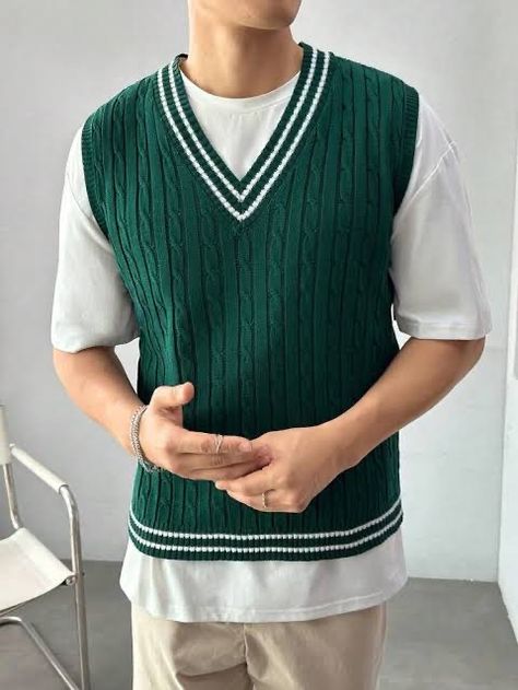 Vest Men Outfit, Green Vest Outfit, How To Style A Sweater Vest, Vest Outfits Men, Half Sweater, Green Sweater Vest, Sweater Outfits Men, Male Sweaters, Cable Knit Sweater Vest