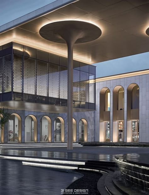 Modern Columns, Hotel Facade, Mosque Design, Facade Architecture Design, Arch Architecture, Porte Cochere, Facade Lighting, Column Design, Entrance Design