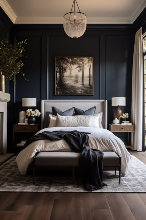 40+ Moody Romantic Bedroom Ideas To Unwind In Romantic Bedding Master Suite, Contemporary French Bedroom, Moody Primary Bedroom Ideas, Gorgeous Master Bedrooms, Dark Master Bedrooms Decor Cozy, Navy Master Bedrooms Decor, Bedroom In Living Room Ideas, Blue Bedroom Ideas Aesthetic, Georgian Bedroom