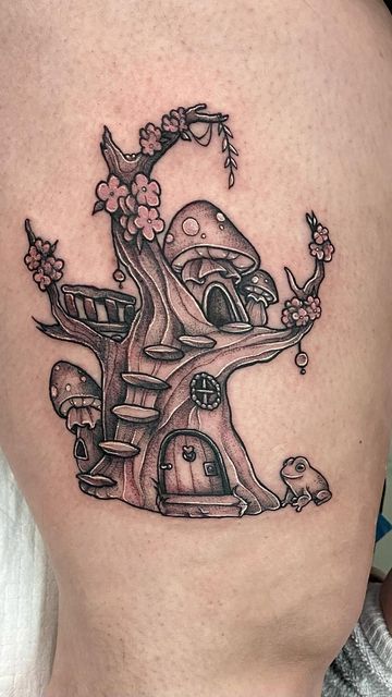 Mushroom Village Tattoo, Fairy House Tattoo Designs, Fairy Cottage Tattoo, Fairy Tree Tattoo, Fairy Reading A Book Tattoo, Spiderwick Tattoo, Whimsical Garden Tattoo, Mushroom Garden Tattoo, Mushroom House Tattoo