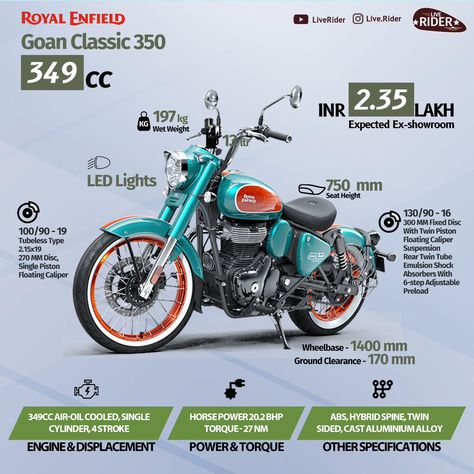 The all new Royal Enfield Goan Classic 350 specifications. #infographic #royalenfield #royalenfieldindia #goan #classic350 #motorider #motorcyclelove #theliverider #goanclassic350 Follow and stay connected. Royal Enfield Goan Classic 350, Goan Classic 350, Classic 350 Royal Enfield, Royal Enfield India, Royal Enfield, Stay Connected, Calipers, Ram, Motorcycles