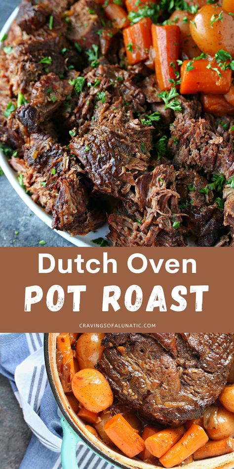 This Dutch Oven Pot Roast is comfort food at its finest. It's cooked with potatoes and carrots which makes it the perfect one pot meal! Roast In Dutch Oven, Dutch Oven Pot Roast, Oven Pot Roast, Roasted Potatoes And Carrots, Chuck Roast Recipes, Pot Roast Recipe, Cooking A Roast, Recipes Oven, Italian Herbs